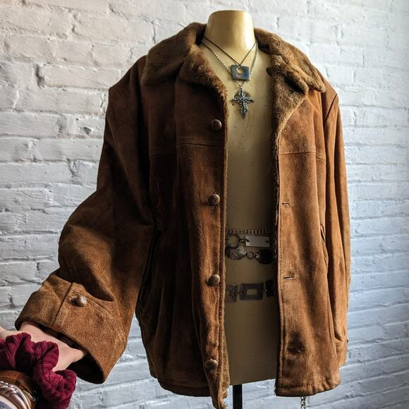 Vintage Burnt Orange Suede Leather Bomber Jacket Rusty Brown Western Chore Coat - Picture 1 of 10